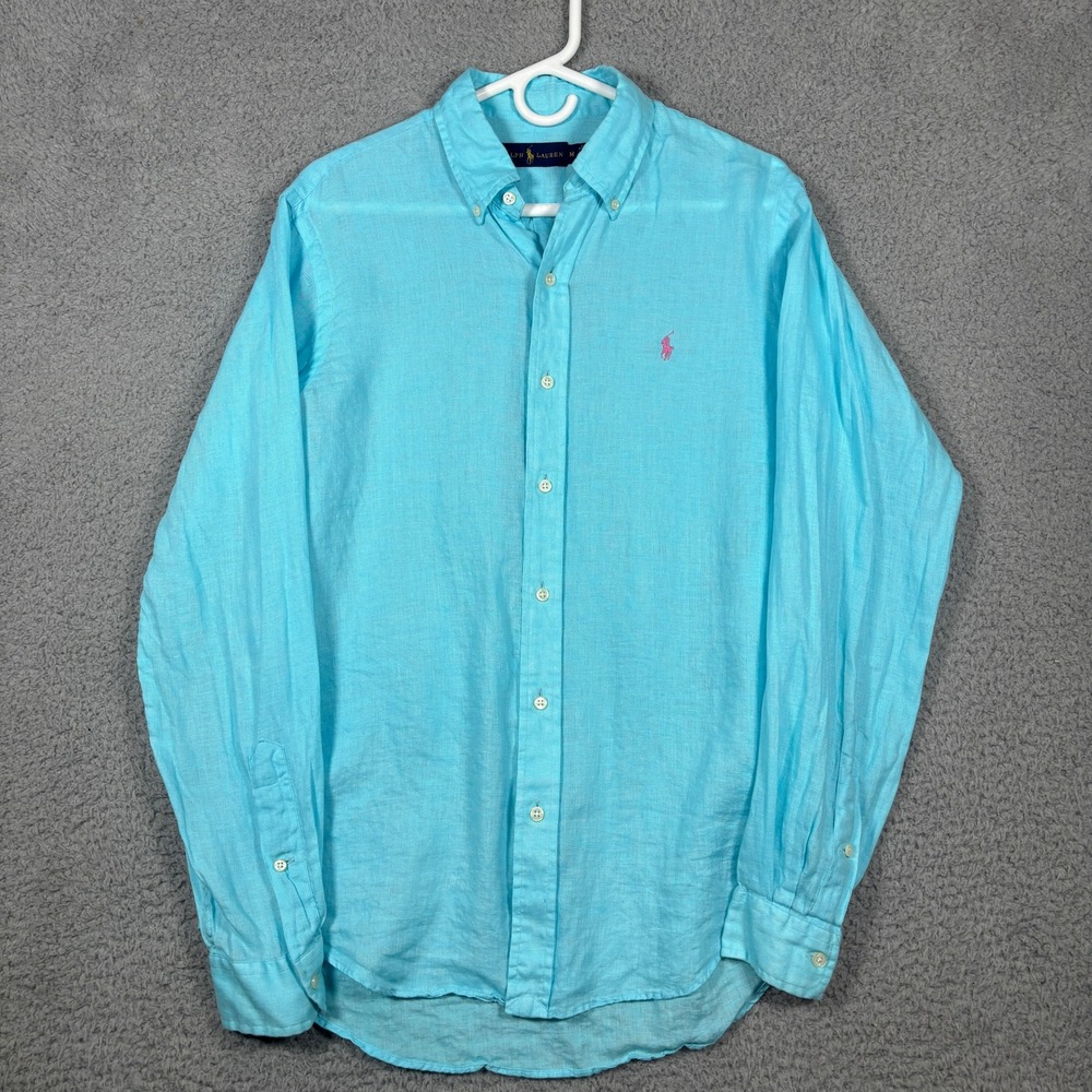 Ralph Lauren Shirt Mens M Blue 100% Linen Button Down Long Sleeve Pink Pony Logo